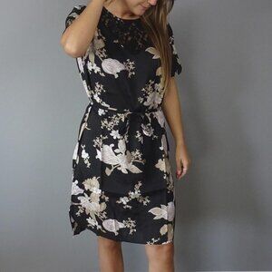 Kaffe  India Kajilli black floral mini dress lace illusion v neck EU 40